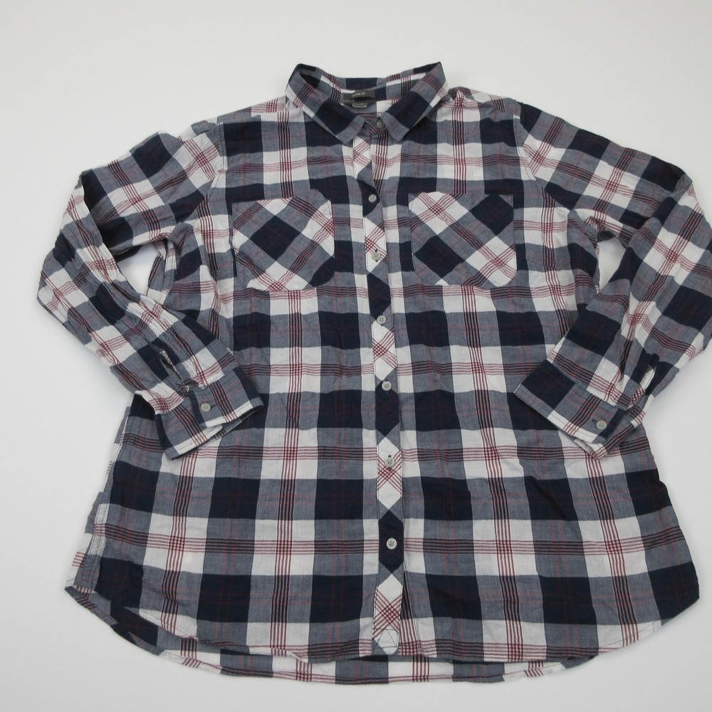 Eddie Bauer Shirt Womens Large Blue Plaid Button Front Tunic Long Sleeve Flannel